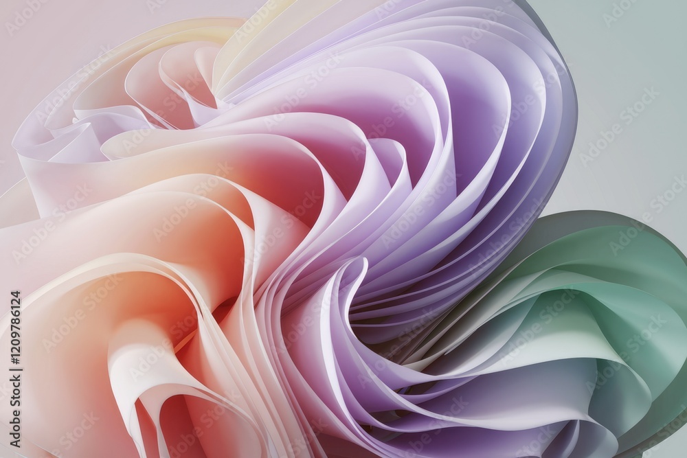 Poster abstract pastel-colored paper swirls, creating a soft, flowing, and visually appealing design.