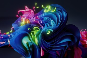 Abstract 3D render of vibrant, swirling, colorful fabric or paint creating a dynamic, artistic composition.