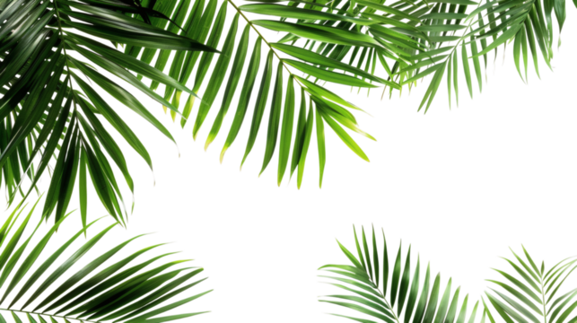 Collection of tropical green palm leaves with detailed veins, isolated on white background