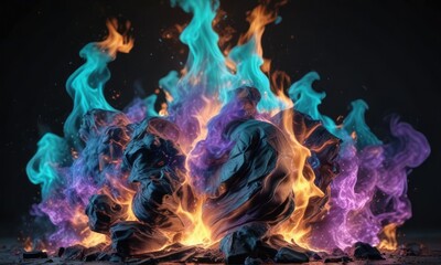 Fototapeta premium Dark teal flames with a hint of purple and blue, eerie, ethereal