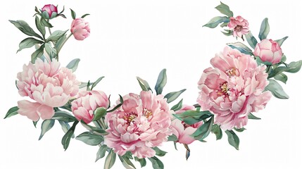 Fototapeta premium Pink Peonies Watercolor Cartoon Round Frame Picture