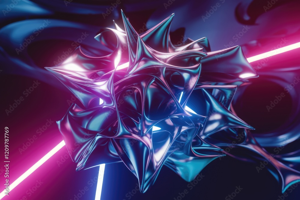 Poster Abstract 3D render of a metallic, biomorphic form illuminated by neon lights, creating a futuristic and vibrant scene.