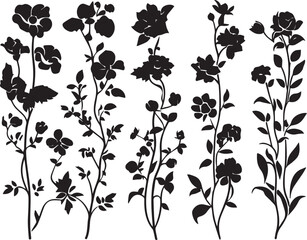A set of flowers silhouettes for flat design. Hand drawn vector illustration