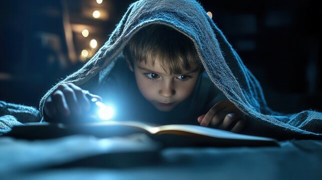 A child reading under a blanket with a flashlight in a dark room.