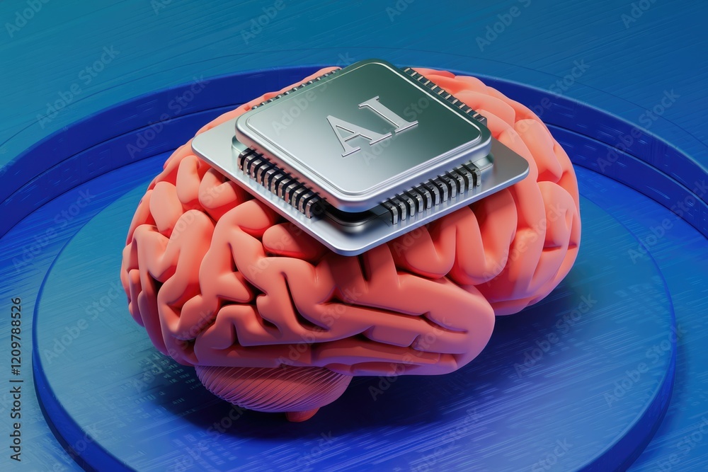 Poster AI microchip on a brain, symbolizing artificial intelligence and its relation to human cognition.