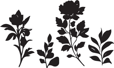 A set of flowers silhouettes for flat design. Hand drawn vector illustration