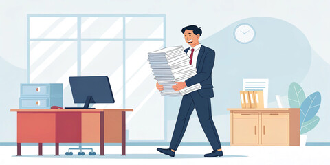 A Businessman Holding a Pile of Office Papers and Documents