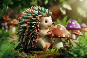 Obraz premium A colorful hedgehog sits beside a mushroom in a whimsical forest setting.