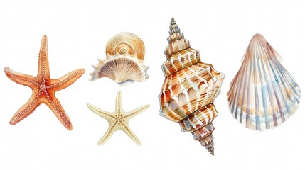 Obraz premium Vibrant Watercolor Seashell and Starfish in Beach Scenery