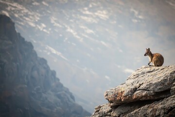 A brush-tailed rock-wallaby perched on a rocky ledge, surveying its mountainous habitat with caution