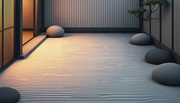 Japanese rock garden with smooth pebbles and raked sand patterns surrounded by wooden walls, representing harmony, simplicity, and meditative space
