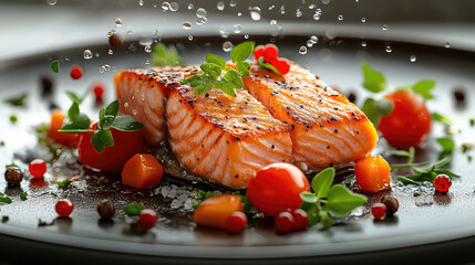 Grilled salmon fillets garnished with herbs, cherry tomatoes, and spices, creating vibrant and appetizing dish. droplets of water add fresh touch to presentation