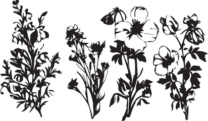 A set of flowers silhouettes for flat design. Hand drawn vector illustration