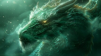 Mythical creatures. emerald dragon with scales shimmering in rays of underwater sunlight. artwork showcases intricate scales, dynamic movement,mysticism, embodying traditional Japanese folklore.