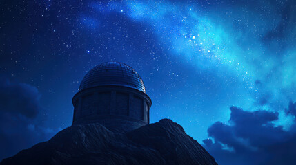 Obraz premium Celestial Observatory Built atop a Floating Mountain Under a Starry Night Sky