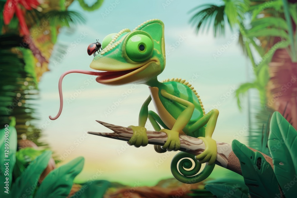 Poster A cheerful cartoon chameleon sits on a branch in a lush jungle, about to catch a ladybug with its long sticky tongue.