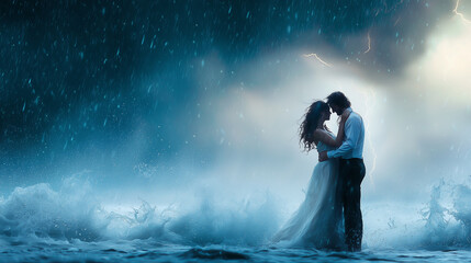 Obraz premium Couple Embracing Each Other During a Stormy Ocean Scene