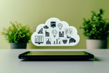 Smart thinking idea inspiration innovation concept, Cloud computing icons displayed above tablet on green background