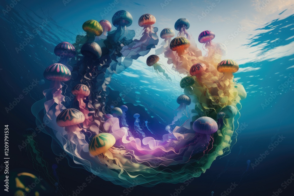 Poster A mesmerizing underwater scene of vibrant, colorful jellyfish forming a circular pattern, creating a magical spectacle.
