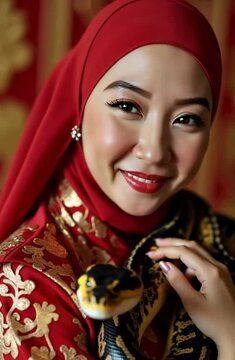 Smiling Woman in Red Hijab Holds a Python Snake for chinese new year