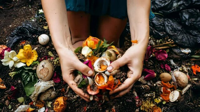 Organic waste, including leaves and grass clippings, is added into a compost pit, promoting eco-friendly recycling and composting of biodegradable materials. A woman throws kitchen scraps into a homem