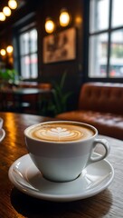 Fototapeta premium A coffee on the white cup in coffee shop cafe on the blur background image