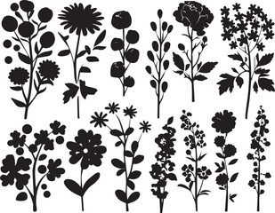 A set of flowers silhouettes for flat design. Hand drawn vector illustration