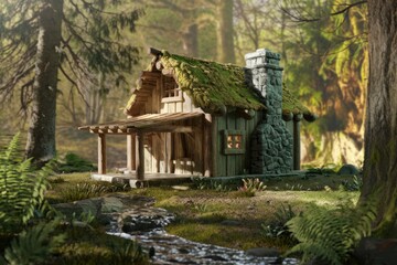 Fototapeta premium A charming moss-covered cottage nestled in a lush forest, beside a babbling brook.