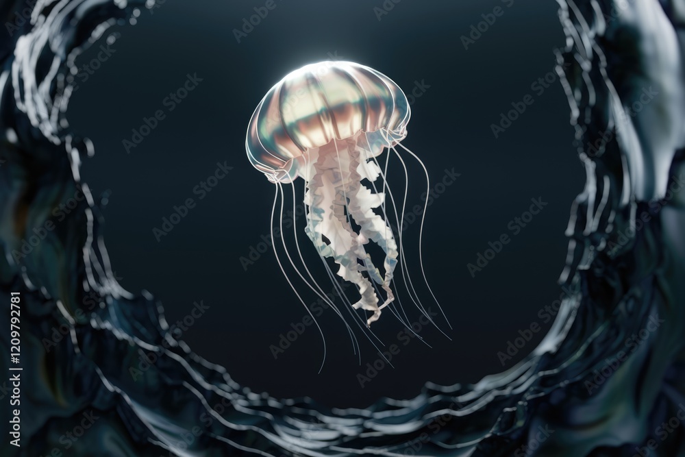 Poster A luminous jellyfish gracefully floats in the deep ocean, its bell shimmering with iridescent colours.