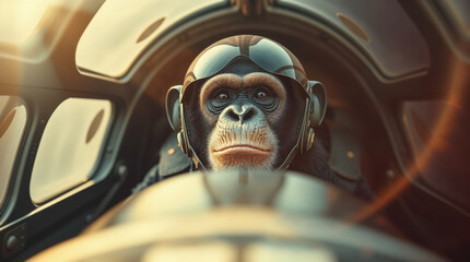Cool monkey pilot flying in a jet fighter cockpit. Funny chimp piloting combat aircraft