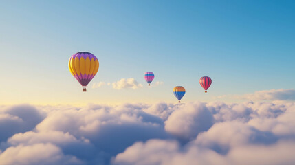 Fototapeta premium Hot Air Balloons Floating Above Colorful Clouds in a Dreamy Cityscape Environment