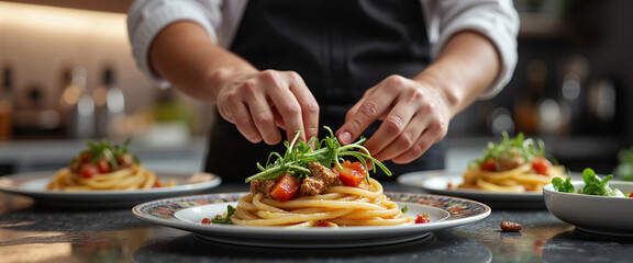 Chef plating gourmet pasta dish in modern kitchen, culinary artistry