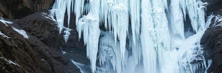 Frozen waterfall cascading down a rocky cliff, natural beauty, icy waters, frozen landscape