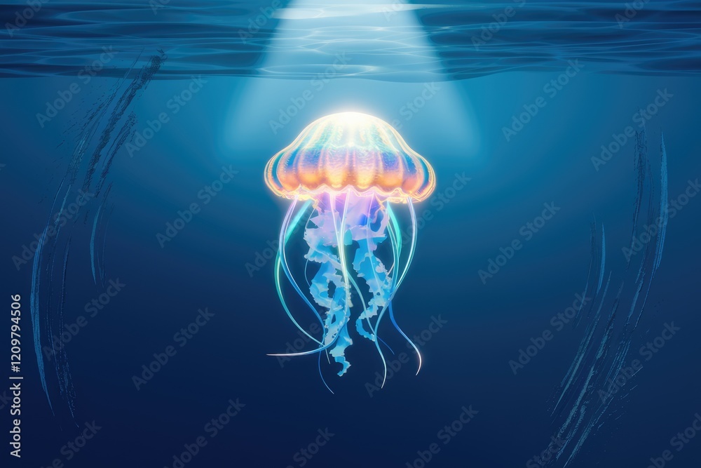 Poster a bioluminescent jellyfish gracefully floats in the deep ocean, illuminated by a spotlight.
