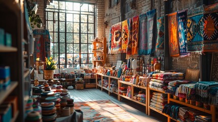 Obraz premium Colorful Artisan Market Display with Textiles and Handcrafted Goods