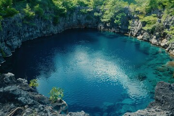 Serene Blue Water Body Surrounded by Lush Greenery in a Rocky Landscape, Ideal for Nature Photography