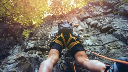 A rock climber is scaling a rock face outdoors.