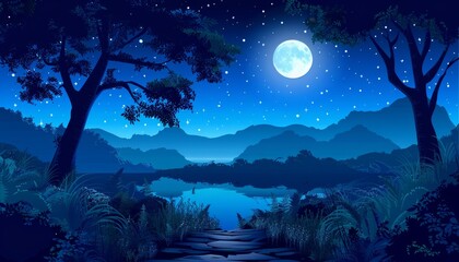 A serene night scene with a full moon shining over a tranquil lake, surrounded by majestic mountains and a starry sky.