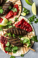 Grilled mashrooms, fresh vegetables and herbs vegetarian meal