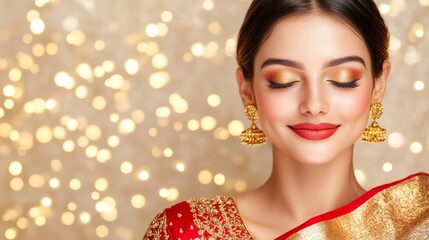 Radiant Bride in Red and Gold Sari: A breathtaking portrait of a beautiful bride, eyes gently closed, adorned in a vibrant red and gold sari with exquisite golden jewelry. Her makeup is flawless.
