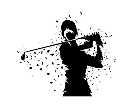 Golf woman, female golfer logo, isolated vector silhouette with dispersion effect. Golf swing clip art