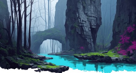 Mystical Forest River Scene With Mossy Rocks And Trees