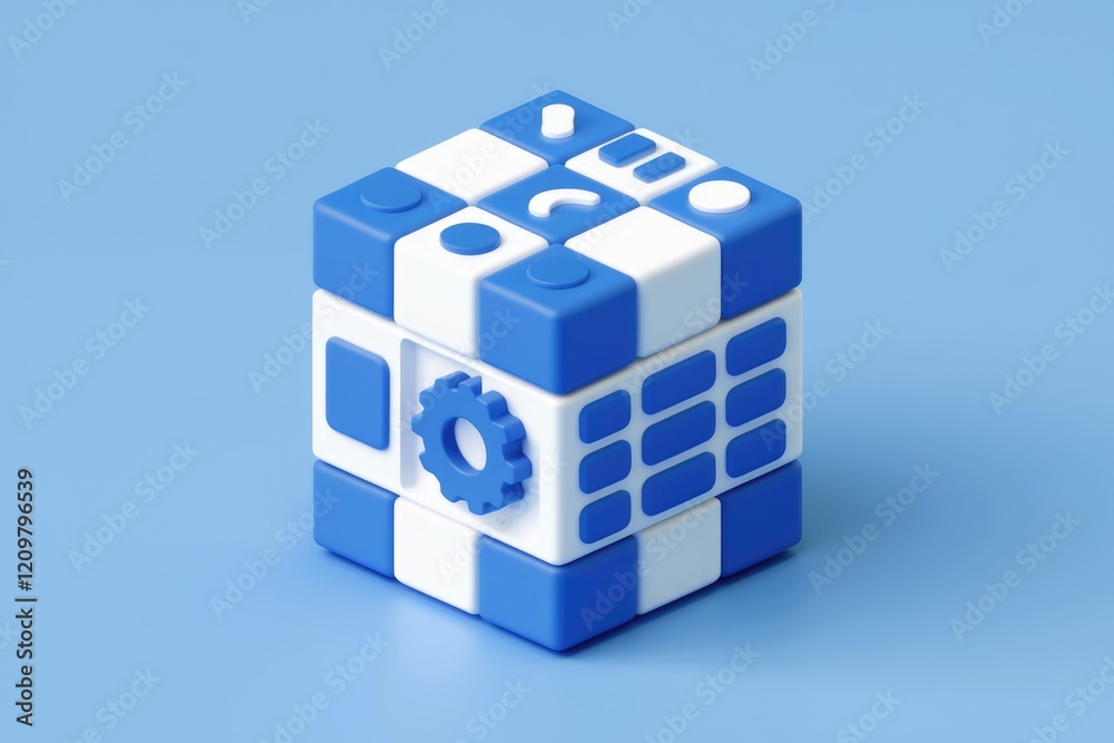 Poster Abstract 3D rendering of a blue and white cube with various icons representing system design and development.