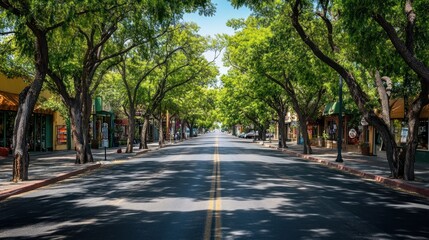 Serene Street Scene: A Picturesque Tree-Lined Avenue in a Charming Town