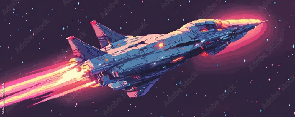 Wall mural a pixel art rendition of a futuristic spaceship soaring through the pixelated stars.