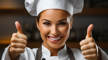 smiling female chef giving thumbs up in kitchen setting, showcasing enthusiasm and positivity on dark grey background