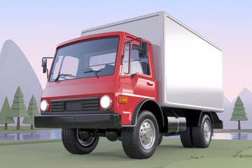 A red delivery truck with a white cargo box is parked in a serene landscape, mountains and trees in the background.