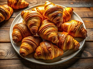 Fototapeta premium Aerial View: Golden Croissants on White Plate, Delightful Breakfast