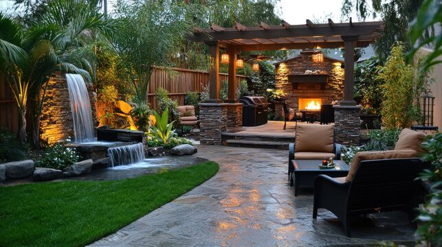 Serene Backyard Oasis with a Stone Waterfall and Cozy Fireplace