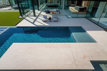 Obraz premium Modern luxury home with a sleek infinity pool and expansive patio, offering stunning views.